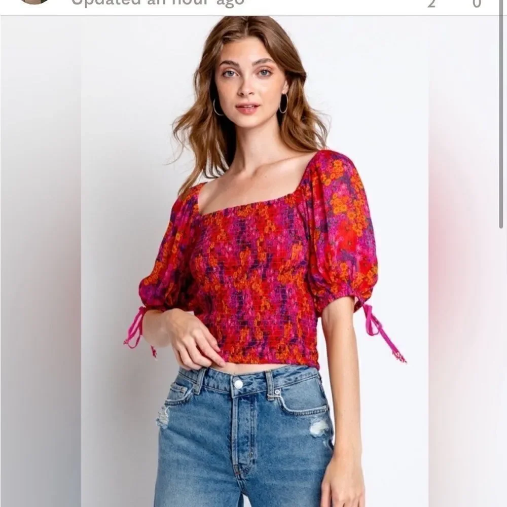 Free People Back On Elbow Puff Sleeve Cropped Top in Pink Floral, Medium NWT